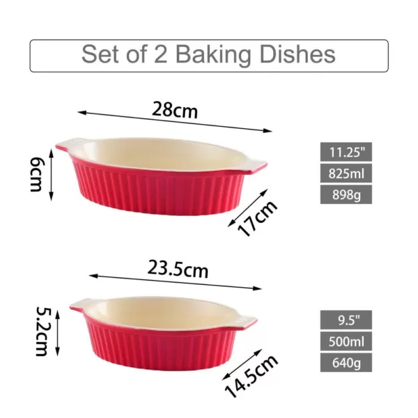 MALACASA 2-Piece Red Oval Porcelain Bakeware Set 9.5 in. and 11.25 in. Baking Dish Pans